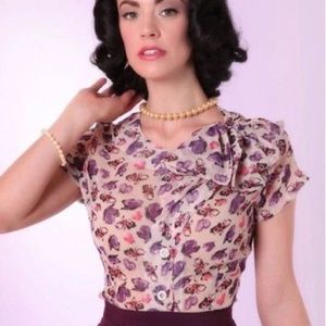 Bettie Page Butterfly Bow Vintage Pink Purple Top